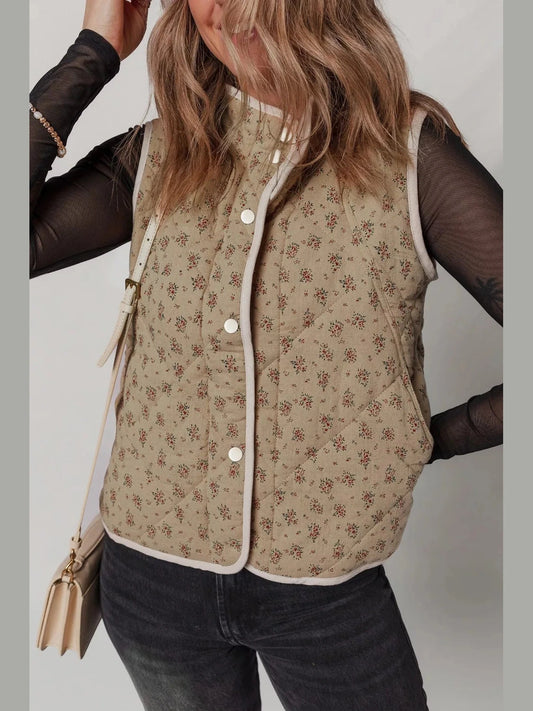 Floral Print Quilted Concealed Button Vest nicholesgifts