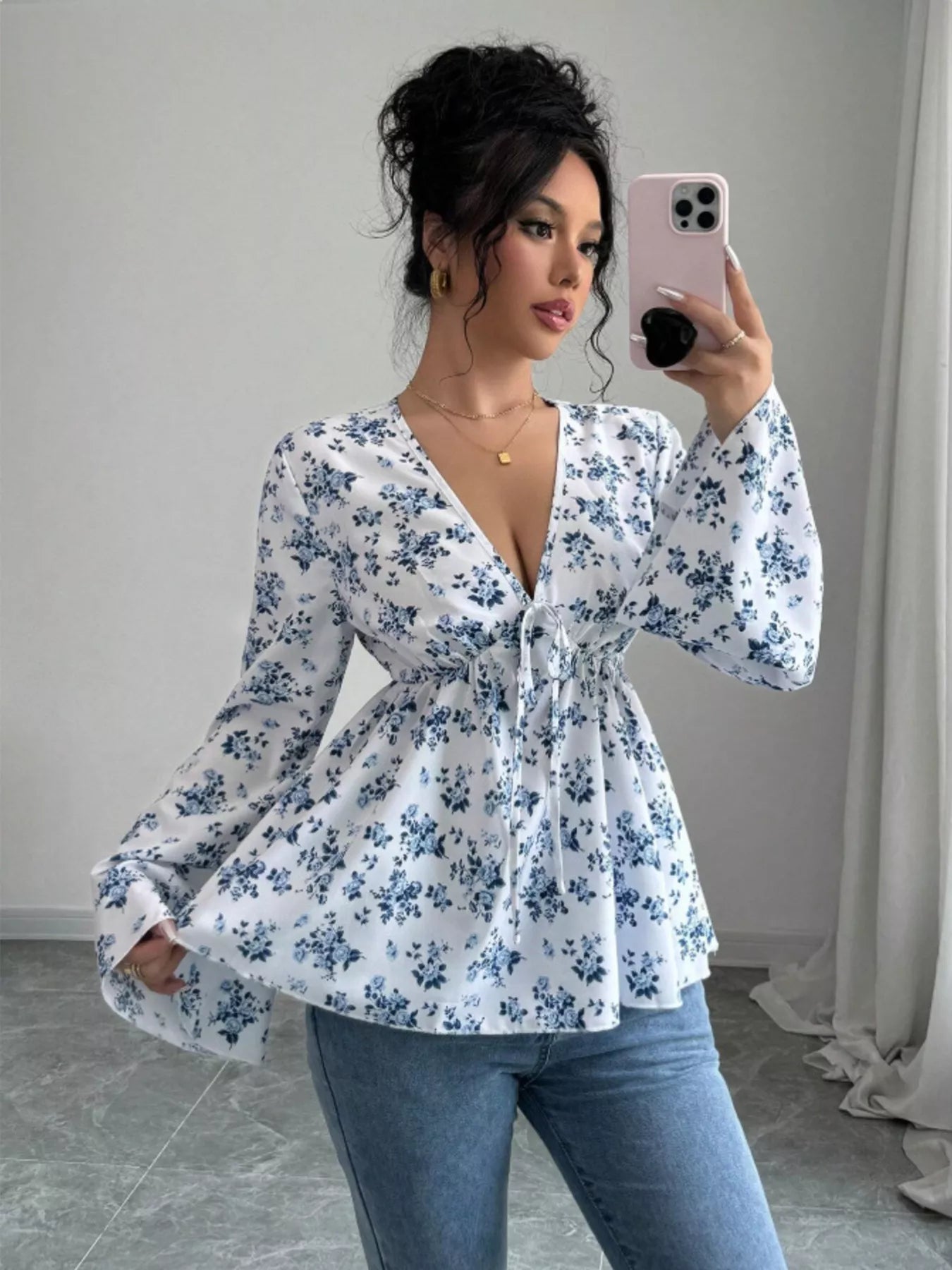 Floral Print V-Neck Long Sleeve Blouse NicholesGifts