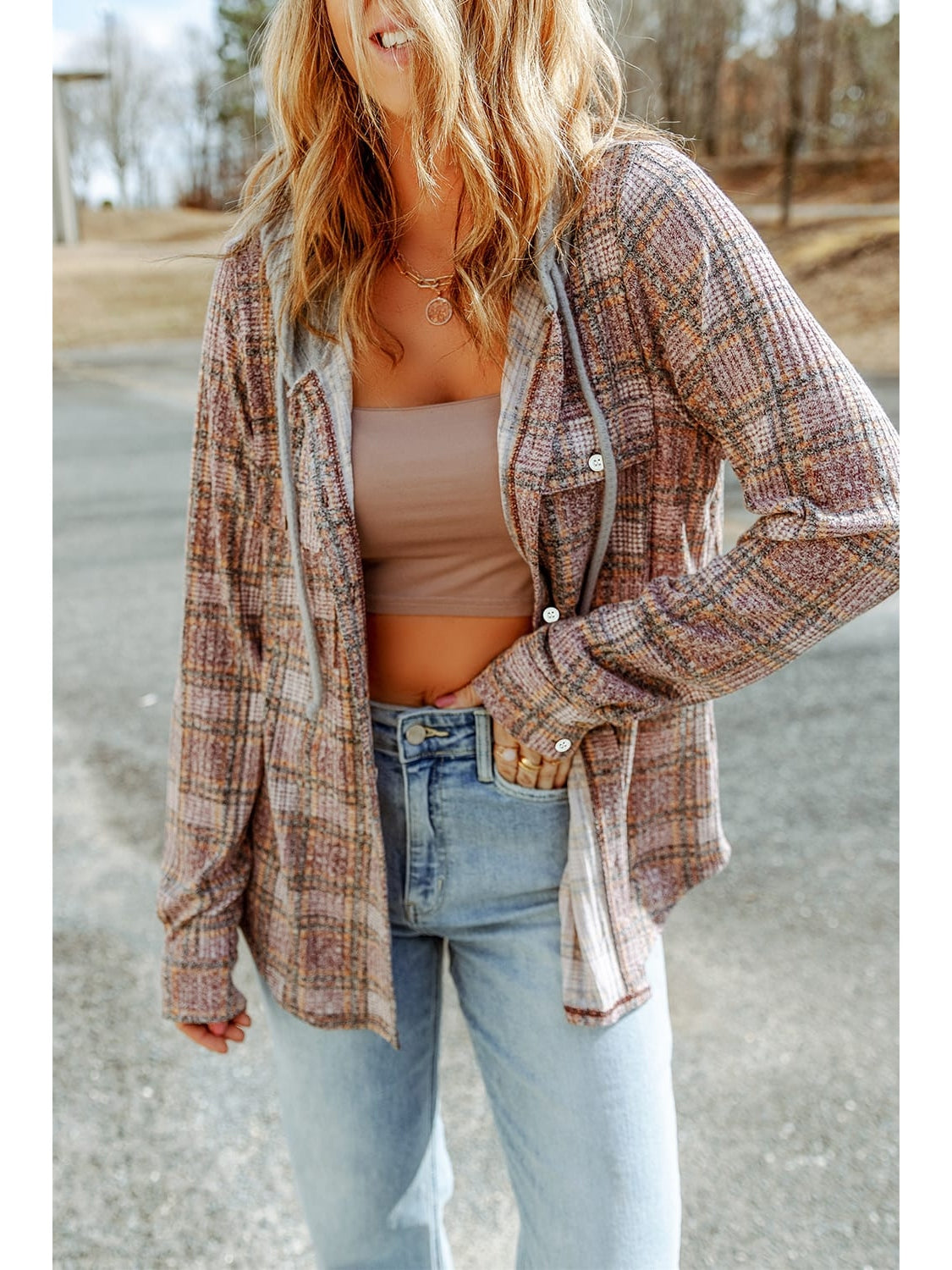 Double Take Plaid Long Sleeve Hooded Jacket NicholesGifts