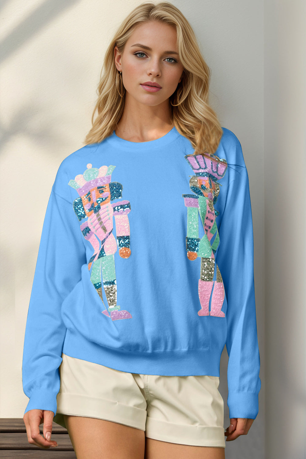 Double Take Full Size Sequin Nutcracker Long Sleeve Sweater NicholesGifts