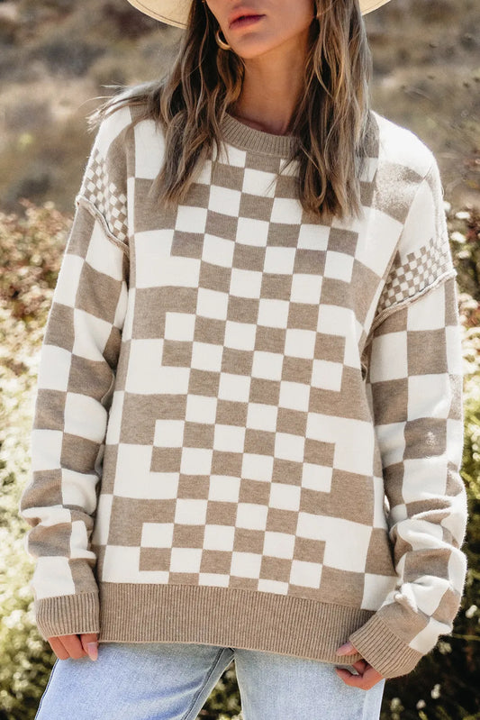 Women Checkered Round Neck Long Sleeve Sweater NicholesGifts