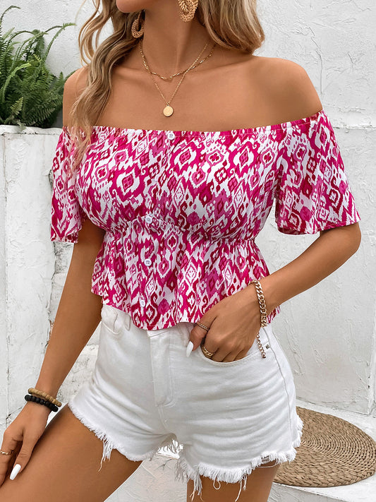 Women Peplum Printed Off-Shoulder Short Sleeve Hot Pink Color Blouse NicholesGifts