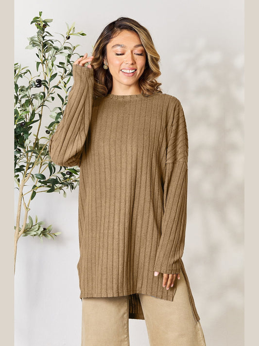 Basic Bae Full Size Ribbed Round Neck Long Sleeve Slit Top