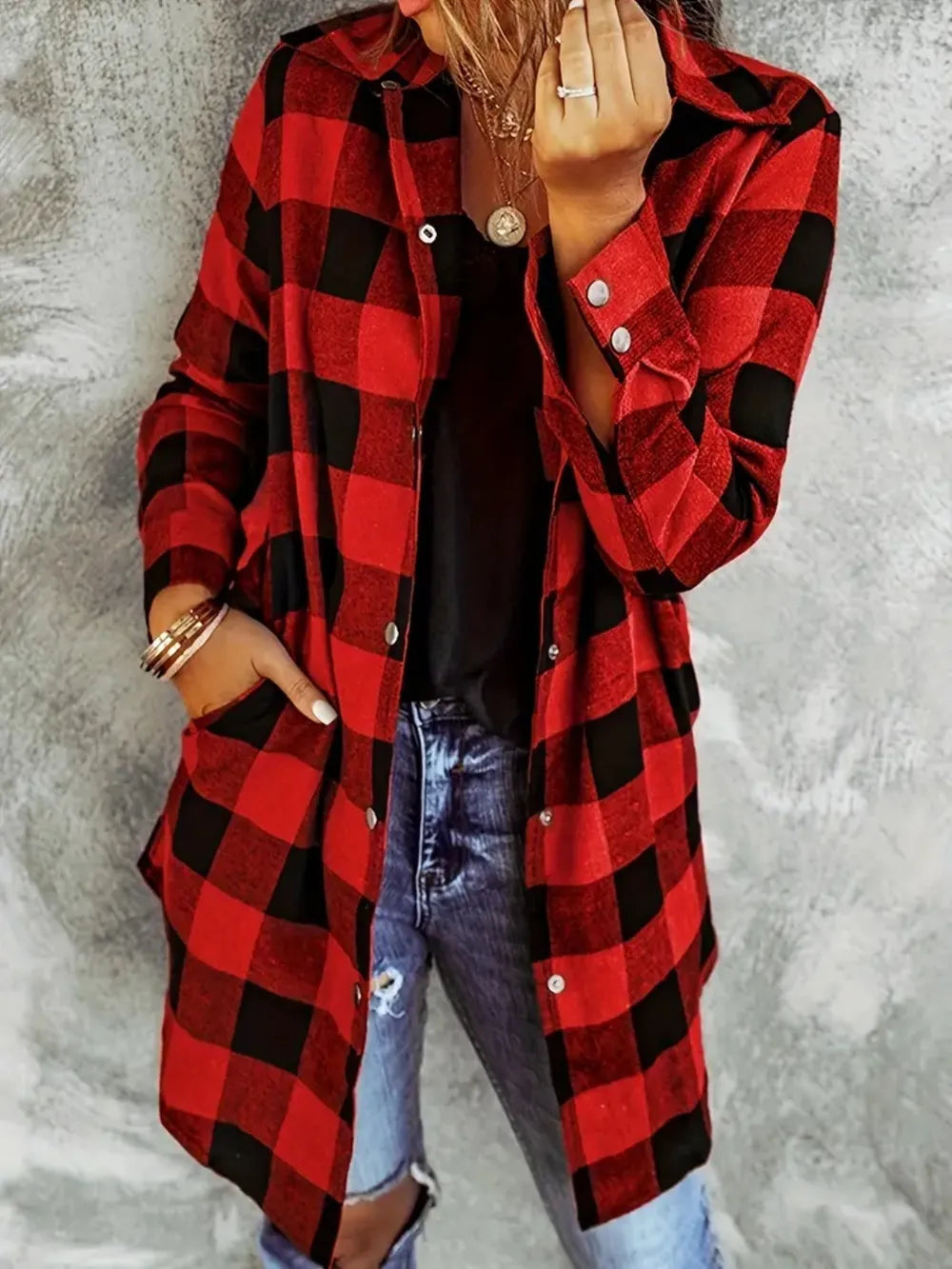 Plaid Collared Neck Snap Down Long Sleeve Jacket nicholesgifts