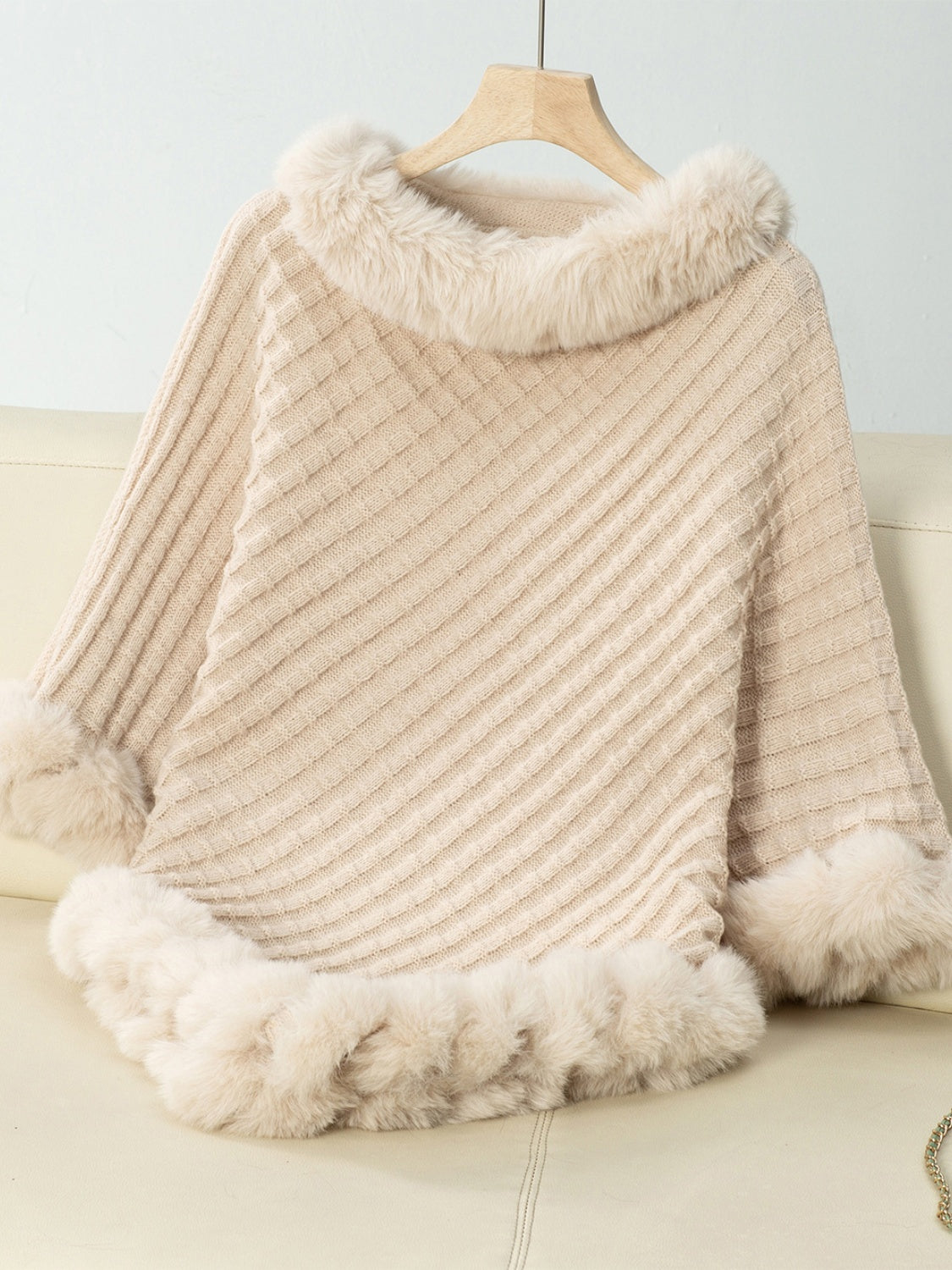 NicholesGifts Women Fuzzy Trim Texture Three-Quarter Sleeve Poncho NicholesGifts
