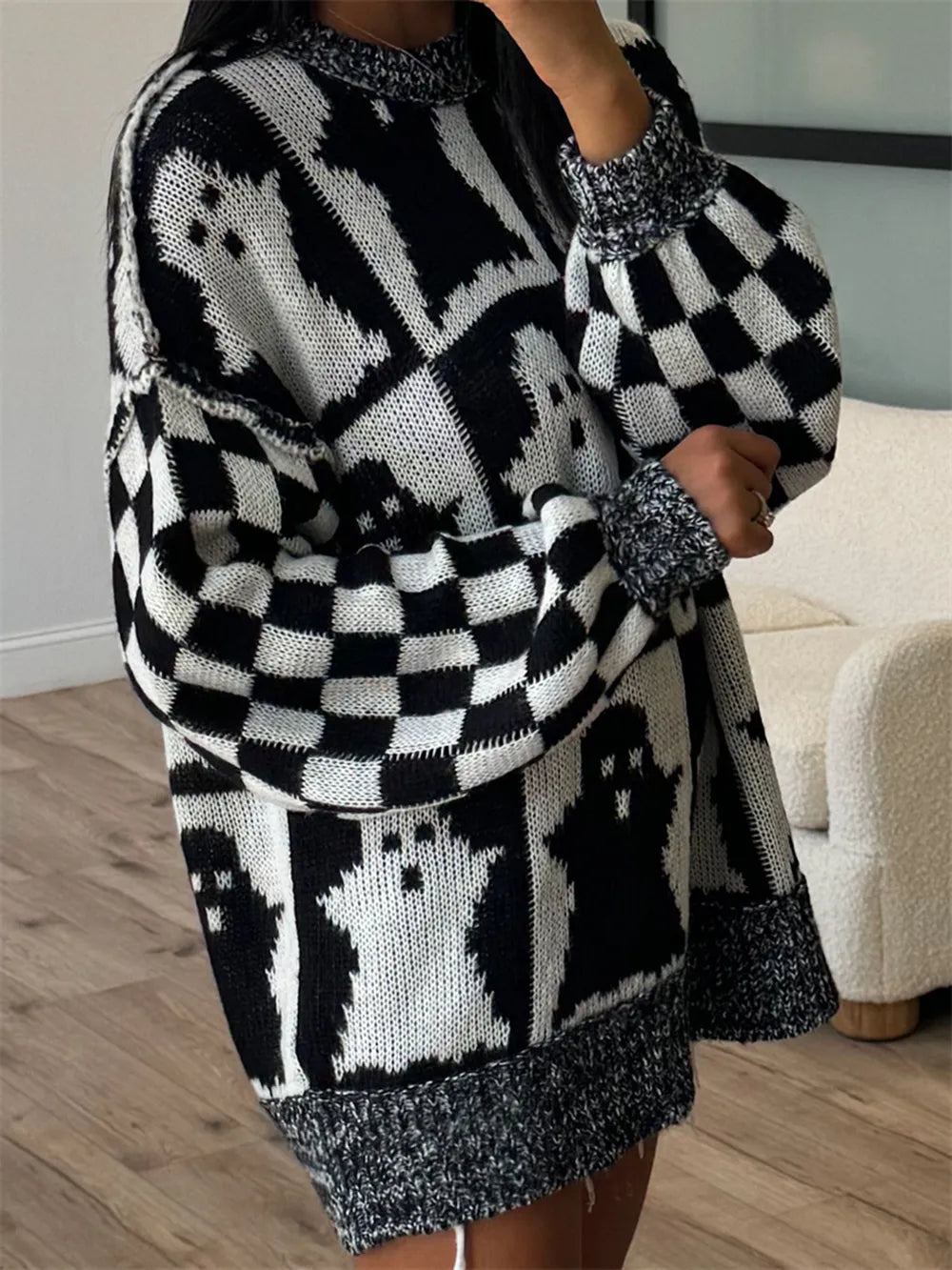 Ghost Dropped Shoulder Long Sleeve Sweater Trendsi