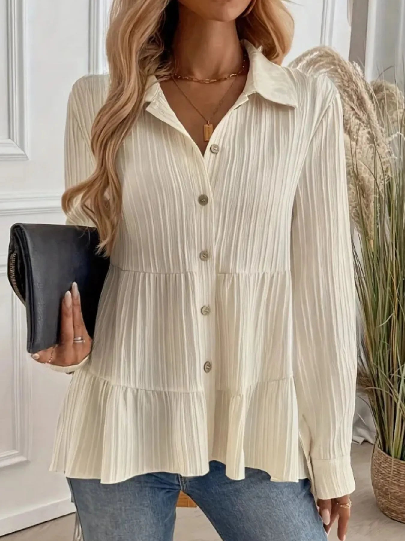 Women Striped Button-Down Tiered Shirt