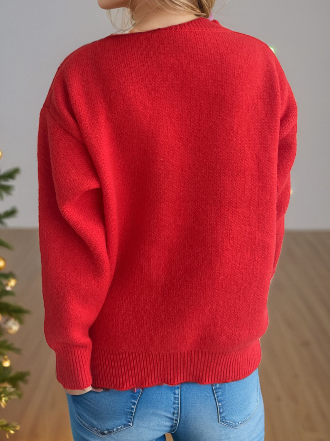 Reindeer Round Neck Long Sleeve Sweater NicholesGifts