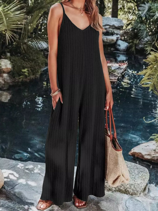 Ribbed V-Neck Wide Leg Jumpsuit nicholesgifts