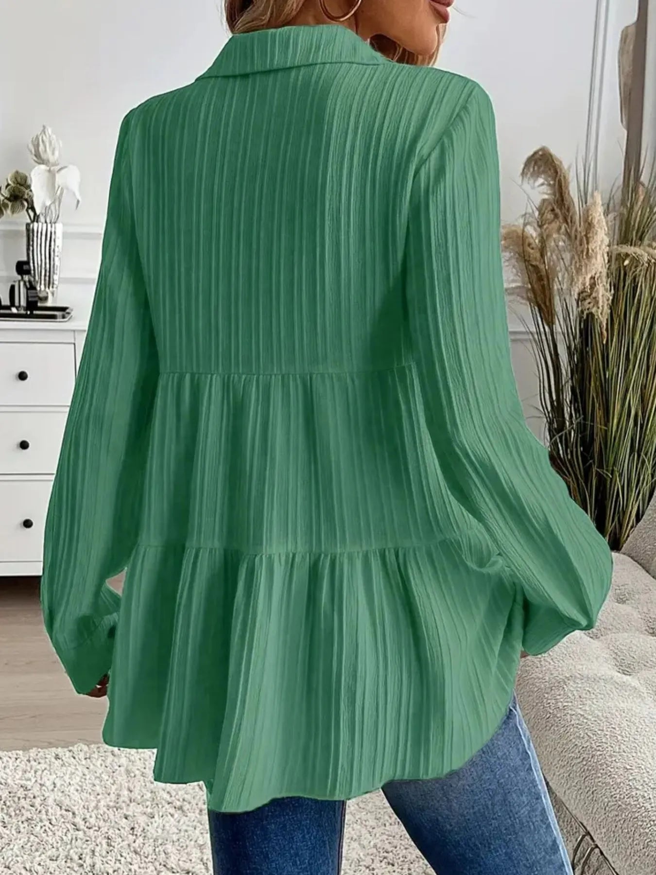 Women Striped Button-Down Tiered Shirt
