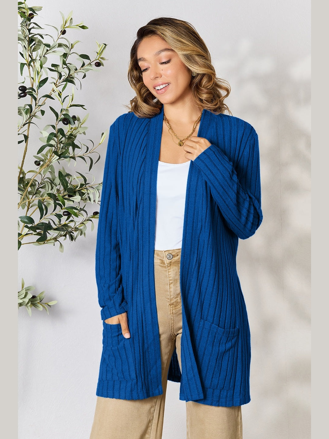 NicholesGifts Women Basic Bae Full Size Ribbed Open Front Cardigan with Pockets NicholesGifts