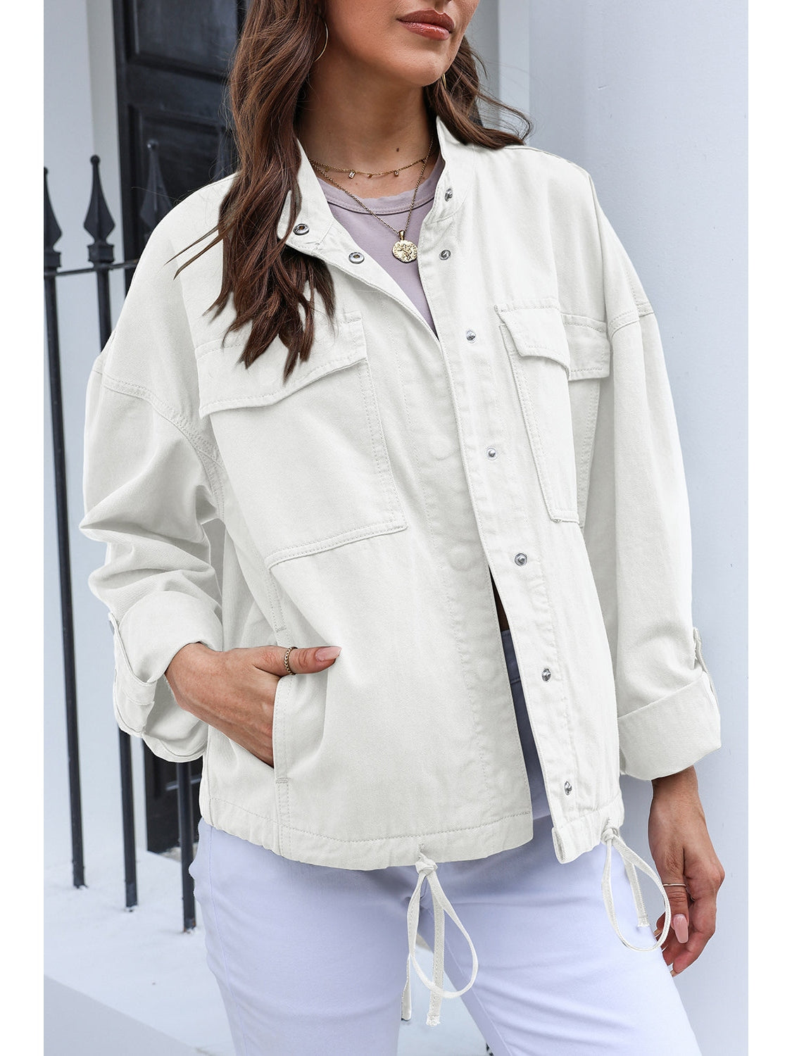 Drawstring Snap Down Dropped Shoulder Denim Jacket NicholesGifts