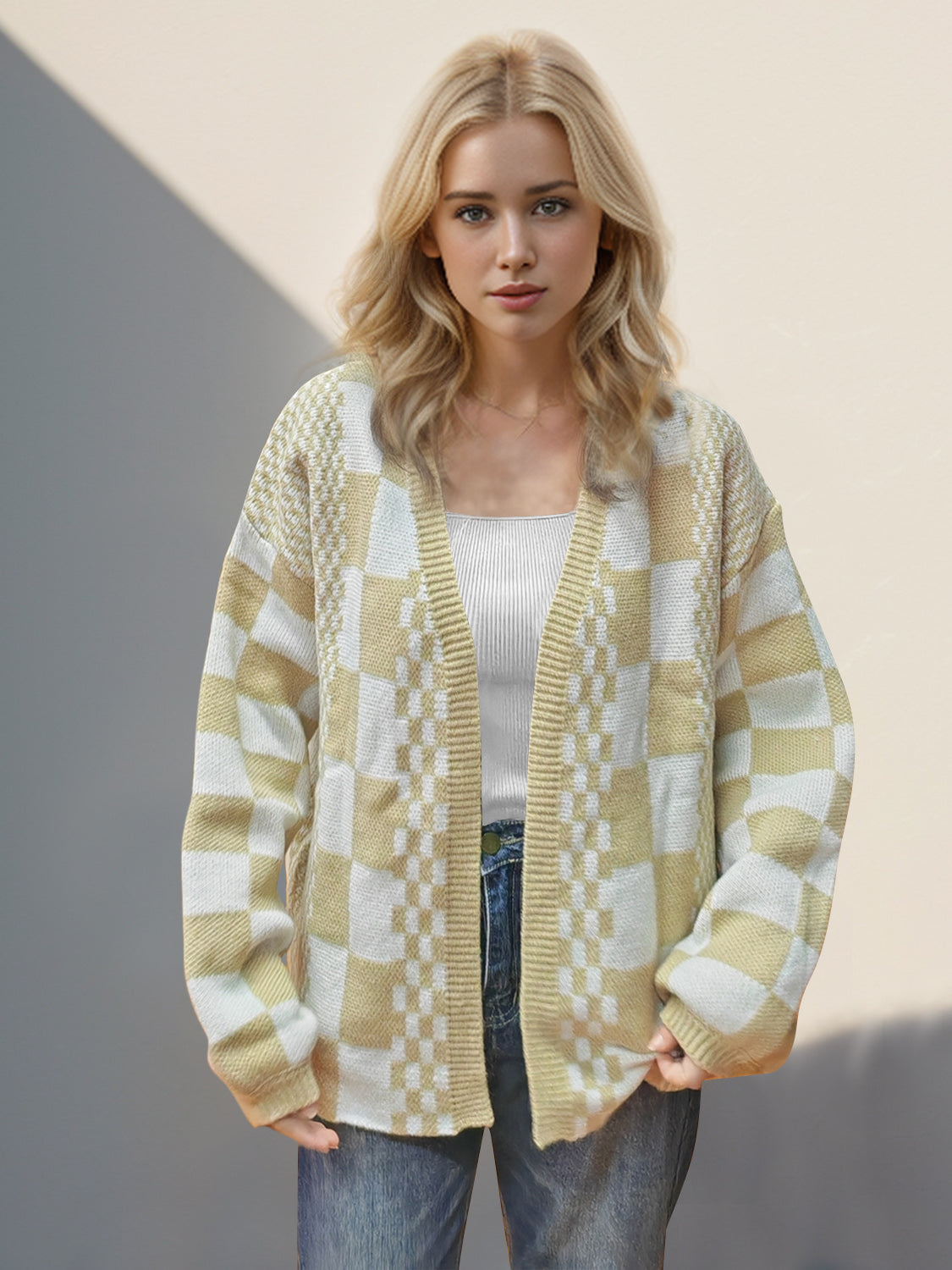 Women Double Take Checkered Open Front Dropped Shoulder Cardigan NicholesGifts