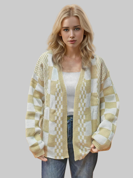 Women Double Take Checkered Open Front Dropped Shoulder Cardigan nicholesgifts
