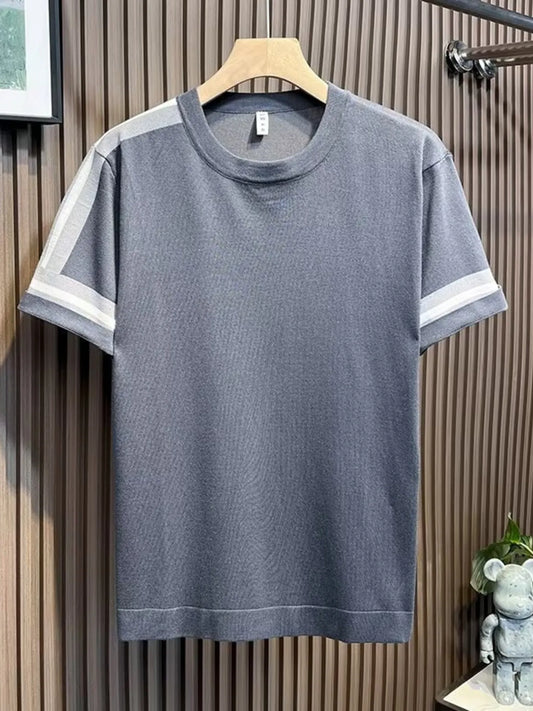 Men's Full Size Contrast Shoulder Stripes Round Neck T-Shirt Plus Size Trendsi
