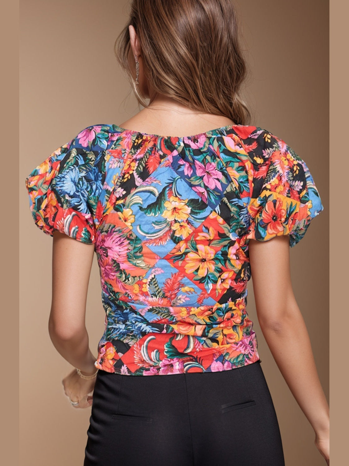 Ruched Printed V-Neck Short Sleeve Blouse