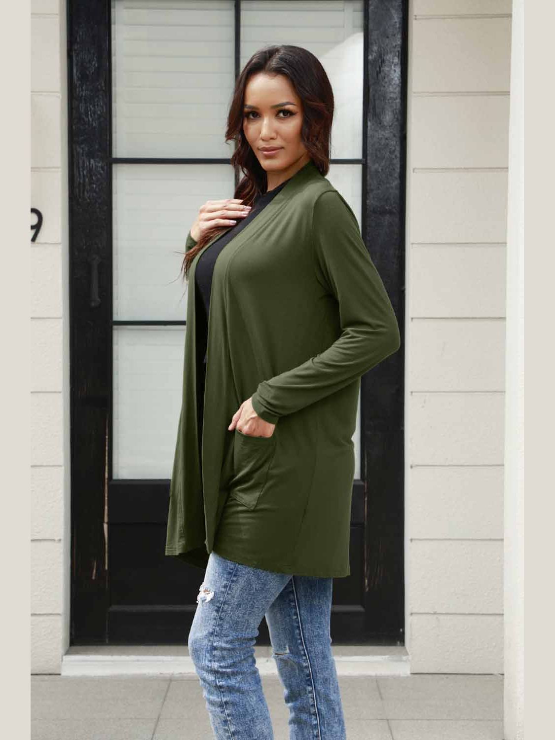 NicholesGifts Women Basic Bae Full Size Open Front Long Sleeve Cardigan with Pockets