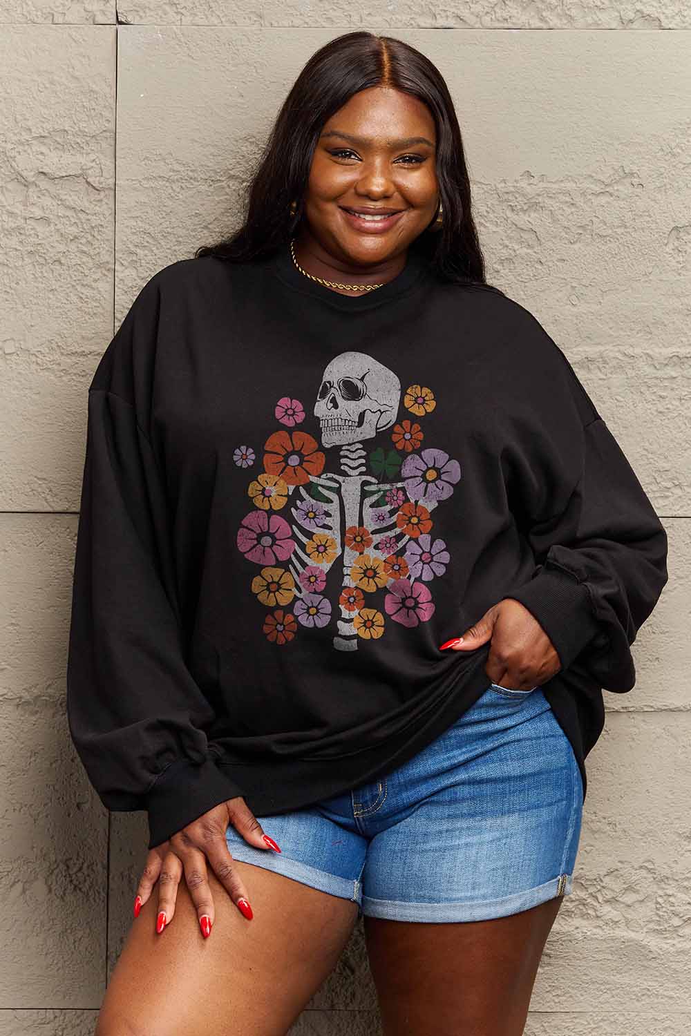 Women Simply Love Full Size Flower Skeleton Graphic Sweatshirt NicholesGifts