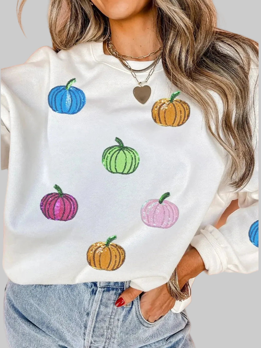 Women Pumpkin Round Neck Long Sleeve Sweatshirt nicholesgifts