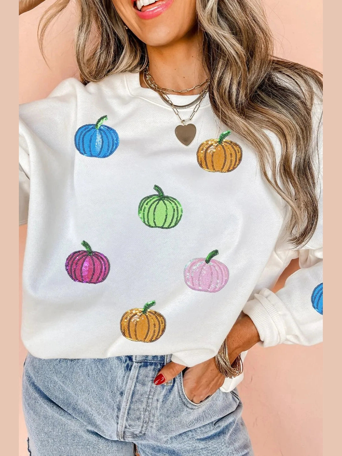 Pumpkin Round Neck Long Sleeve Sweatshirt