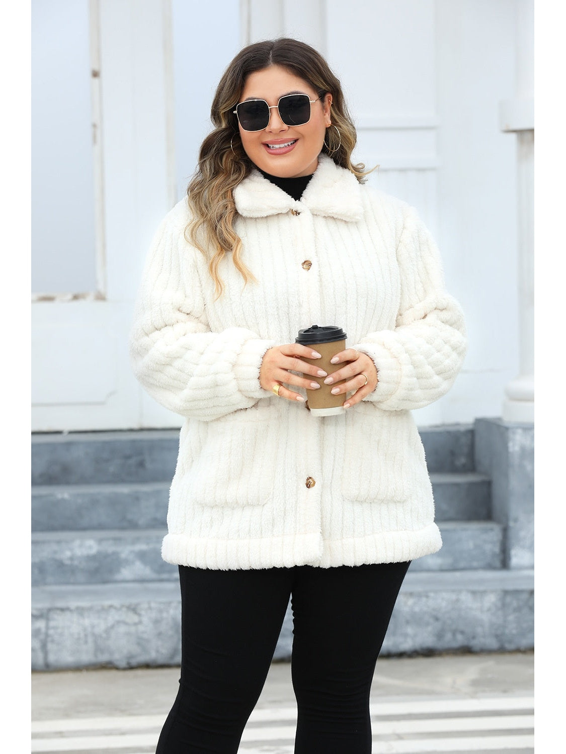 Plus Size Fuzzy Collared Neck Long Sleeve Jacket NicholesGifts