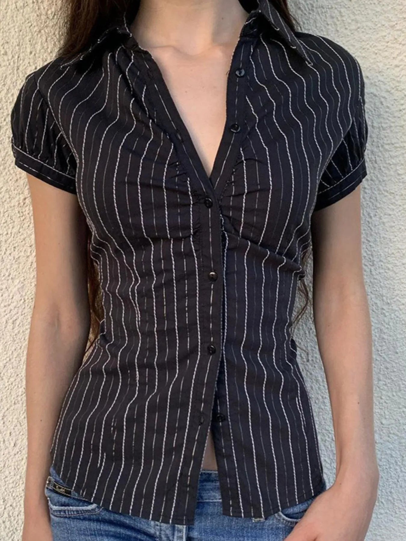 Striped Button-Down Collared Neck Shirt Trendsi