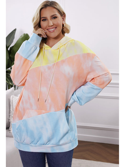 NicholesGifts Plus Size Women Light Blue Drawstring Color Block Dropped Shoulder Hoodie