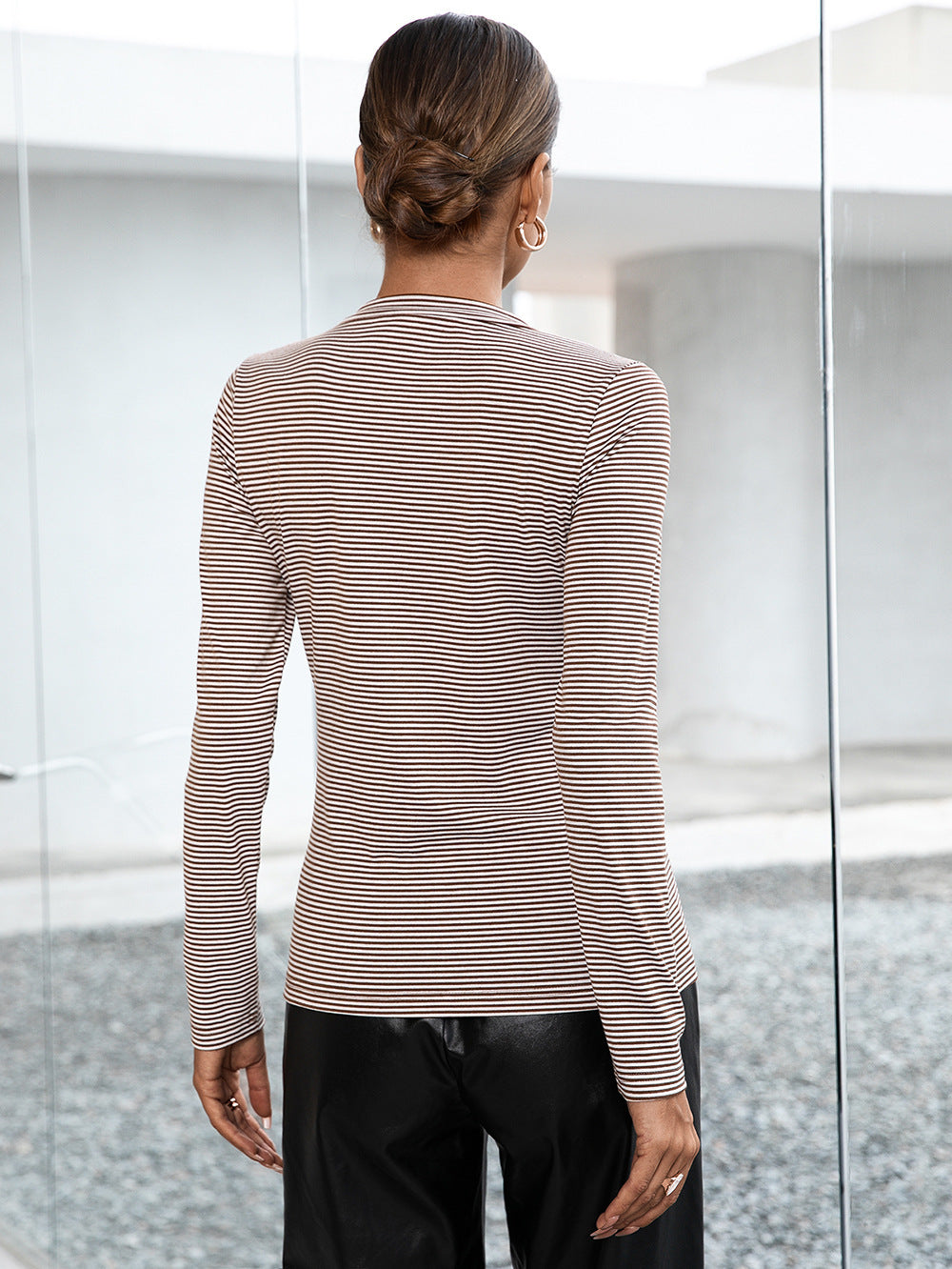 Ivy Lane Striped Buttoned V-Neck Long Sleeve Top nicholesgifts