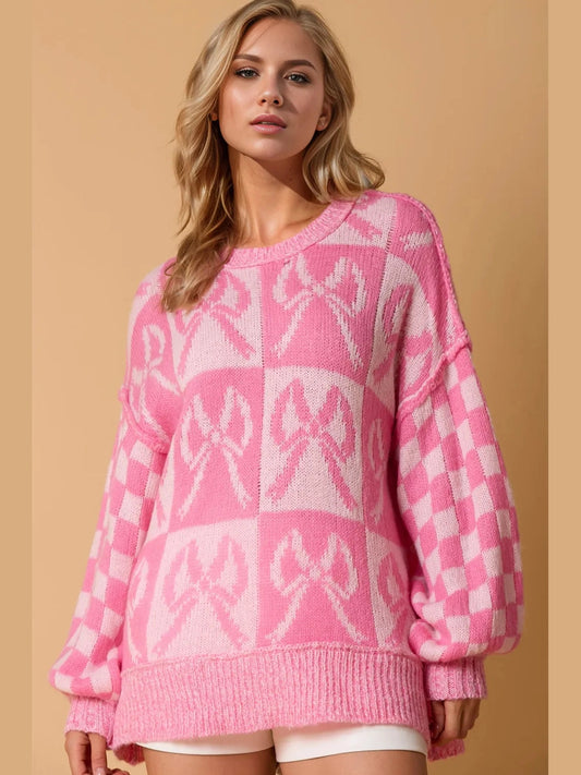 Double Take Full Size Checkered Bow Contrast Long Sleeve Sweater Trendsi