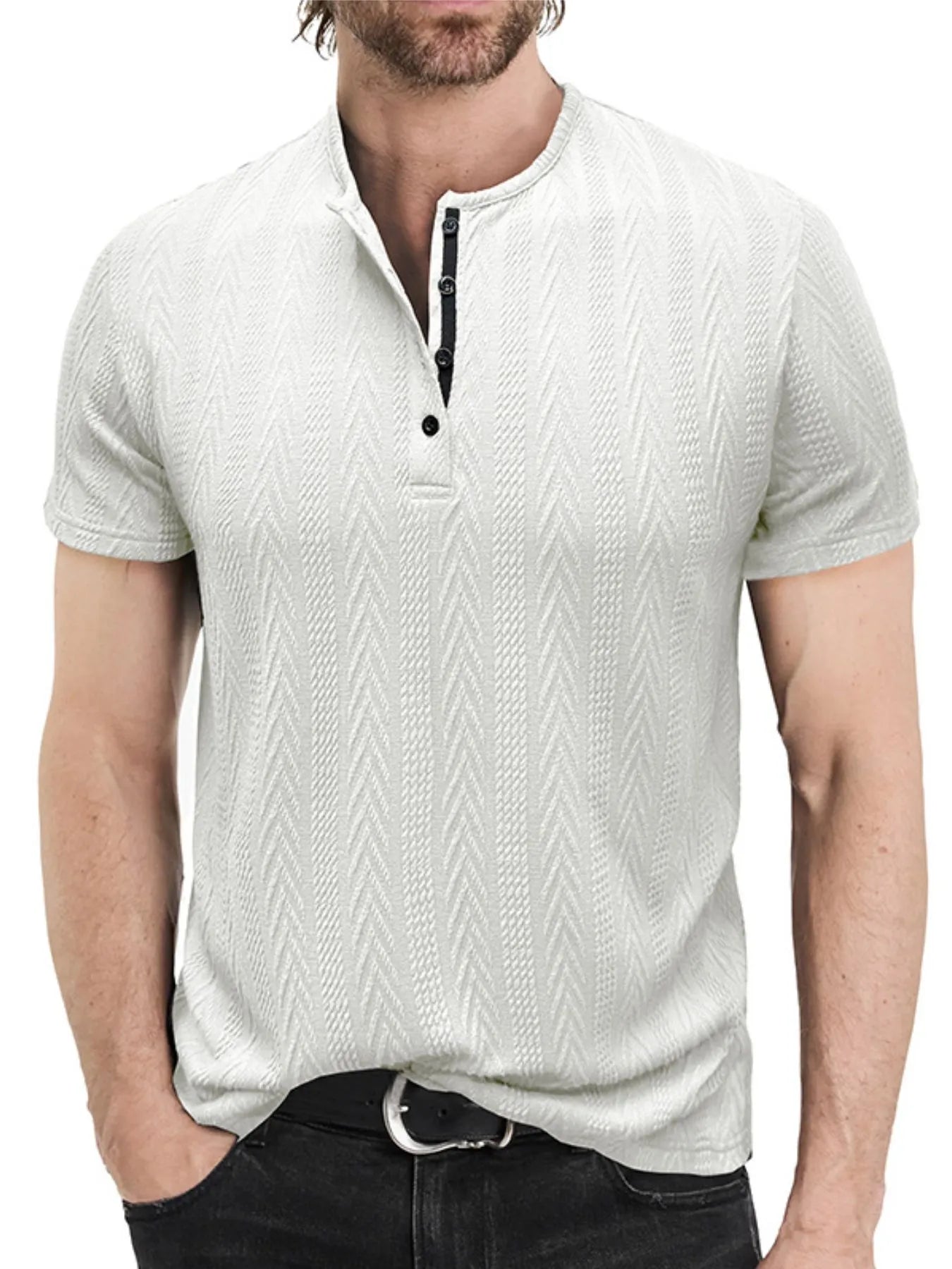 Men's Textured Chevron Pattern Henley Polo Short Sleeve Shirt