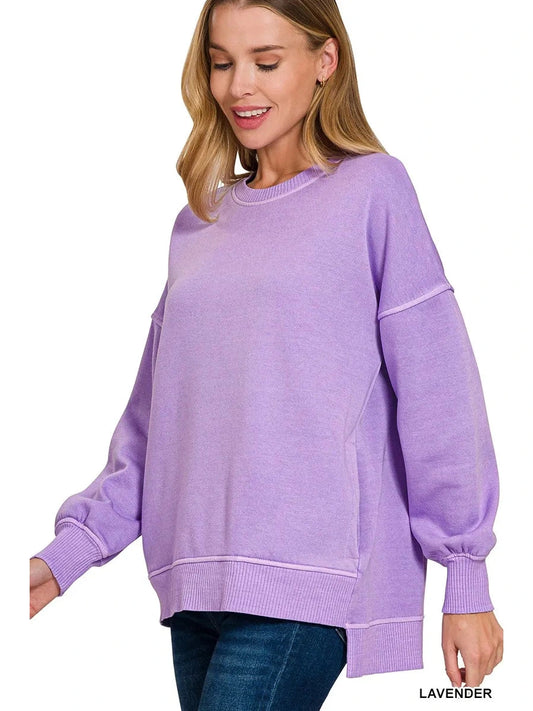 Zenana Pigment Dye Fleece Hi-low Hem Sweatshirt With Pocket