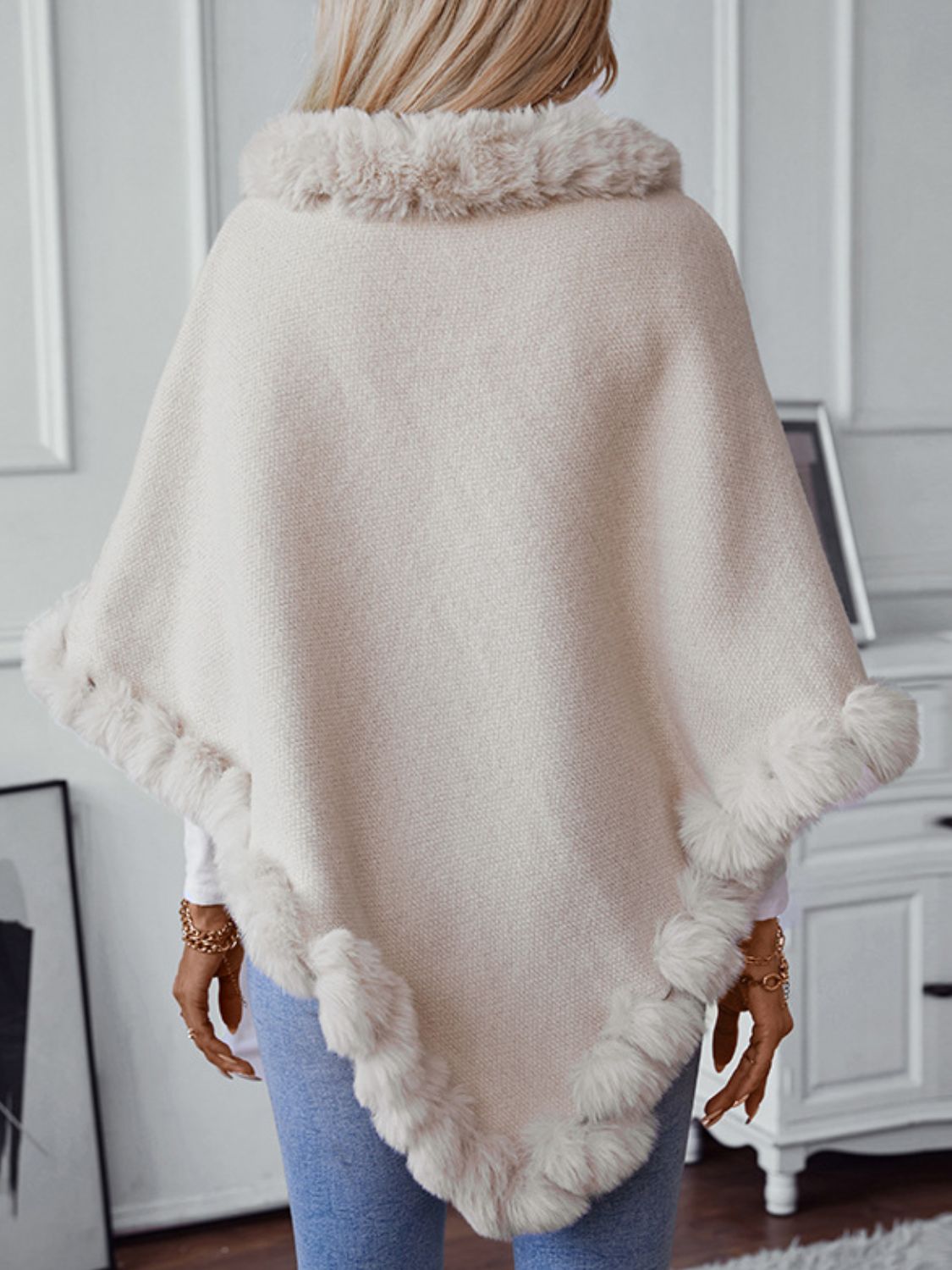 NicholesGifts Women Fuzzy Trim Texture Three-Quarter Sleeve Poncho NicholesGifts