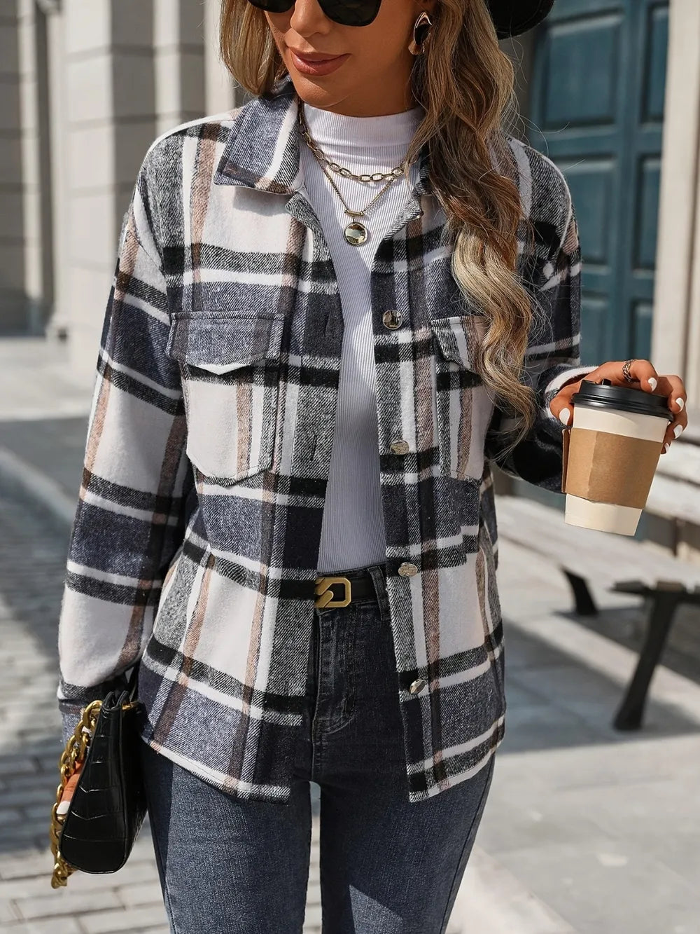 Plaid Button Up Drop Shoulder Jacket Trendsi
