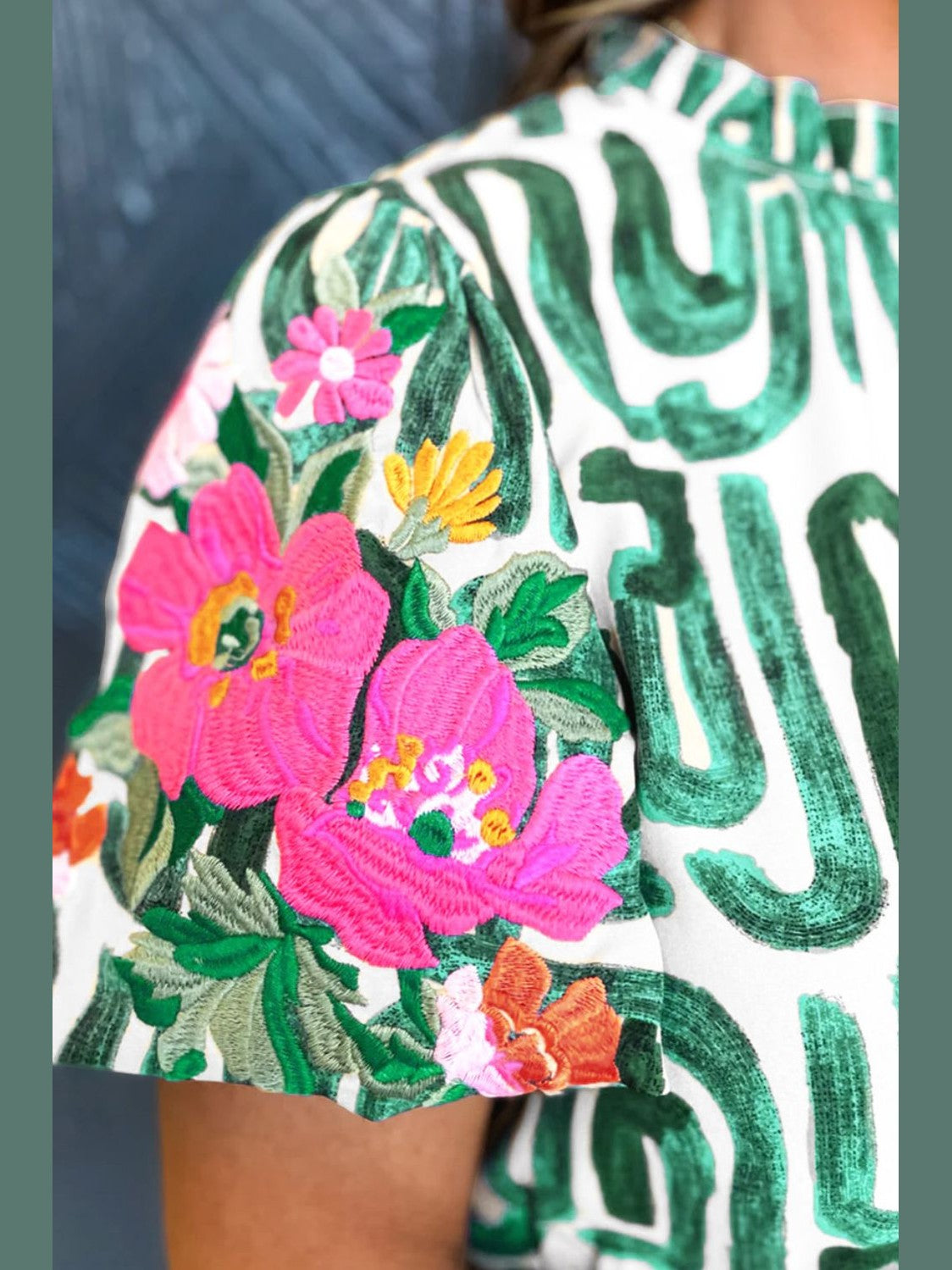 Embroidered Printed Mock Neck Short Sleeve Blouse