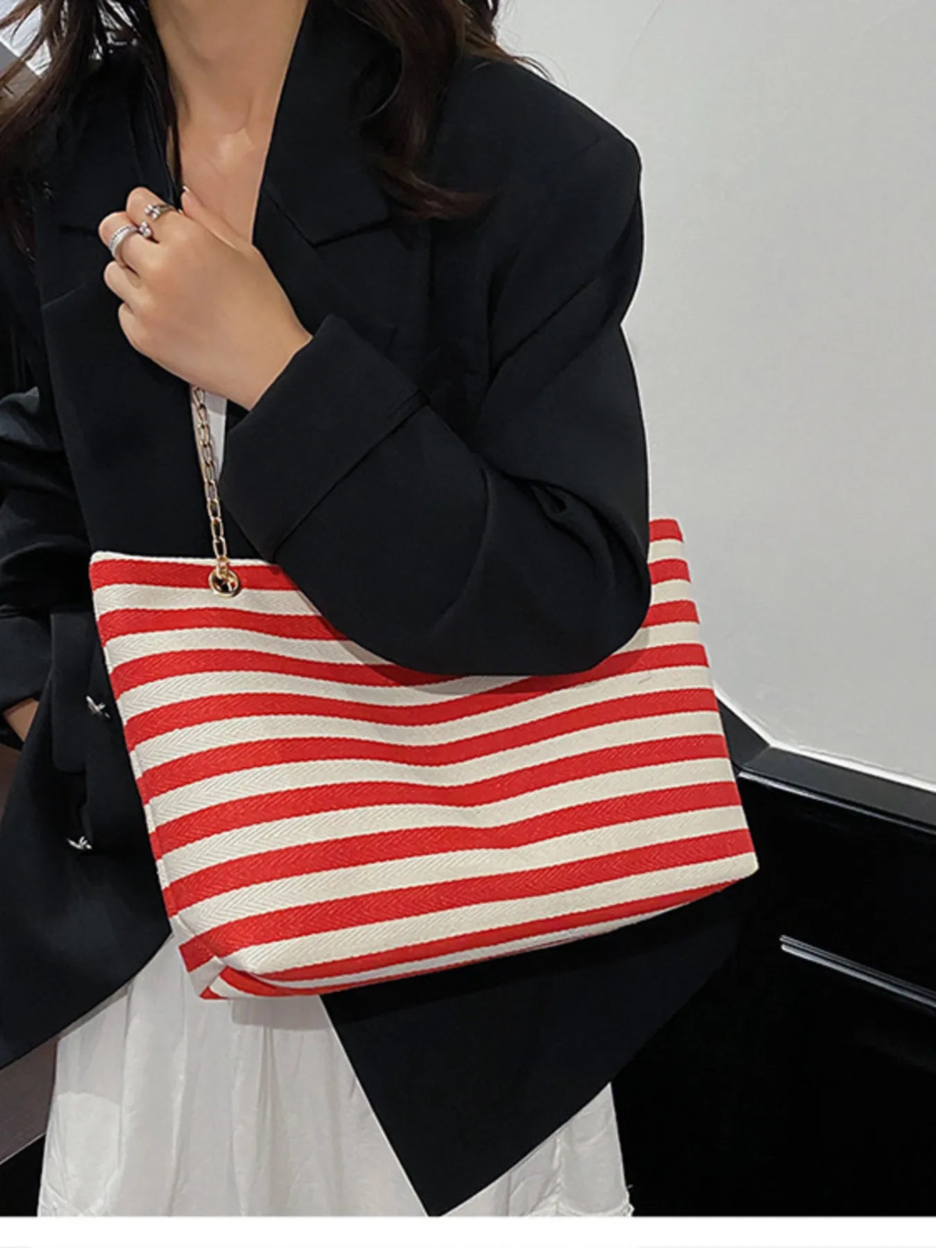 Striped Shoulder Bag with Chain Detail Trendsi