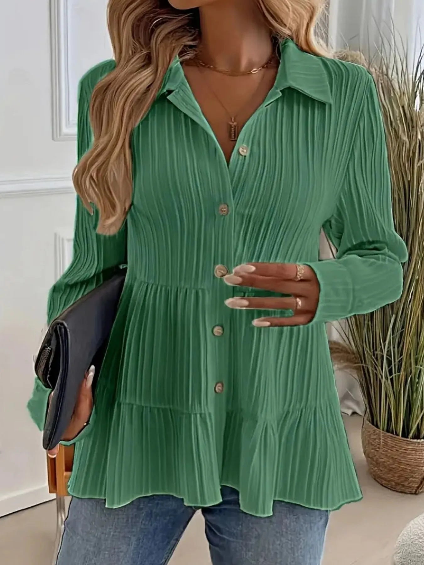 Women Striped Button-Down Tiered Shirt