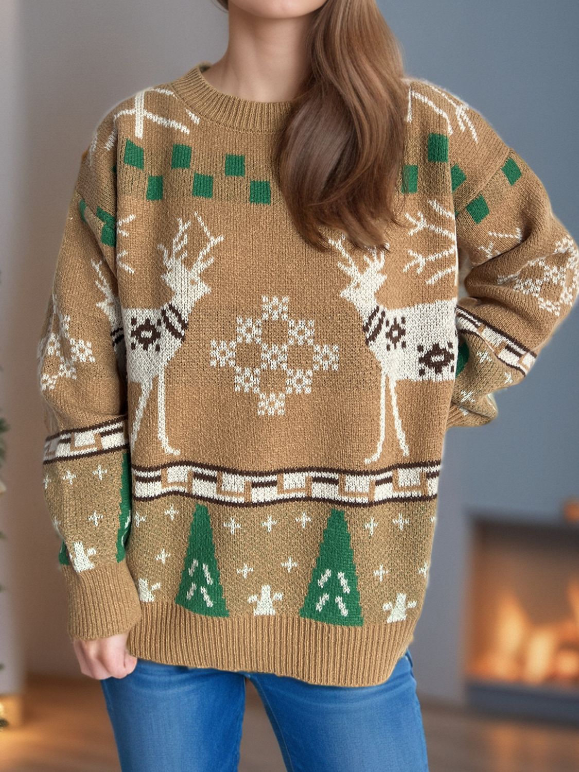 Christmas Element Round Neck Long Sleeve Sweater NicholesGifts