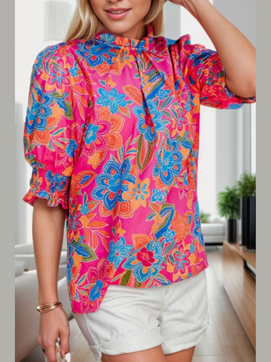 Printed Mock Neck Half Sleeve Blouse