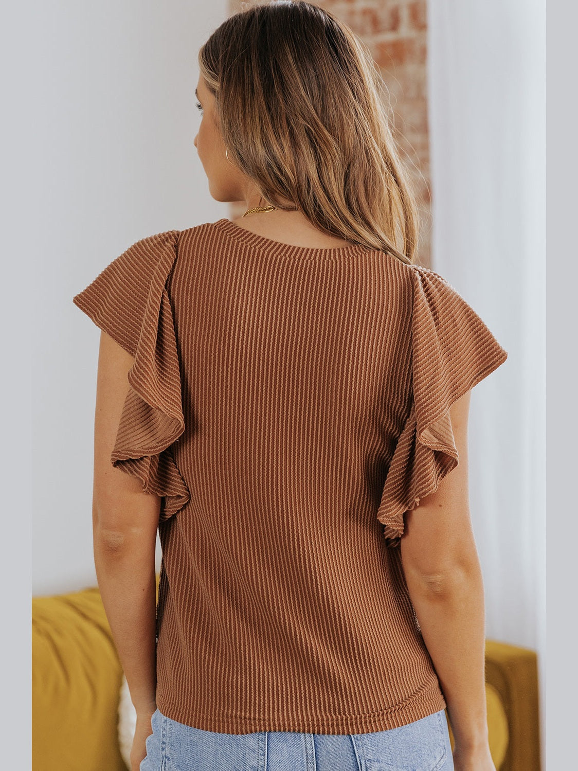 Ribbed Ruffle Trim Round Neck Top NicholesGifts