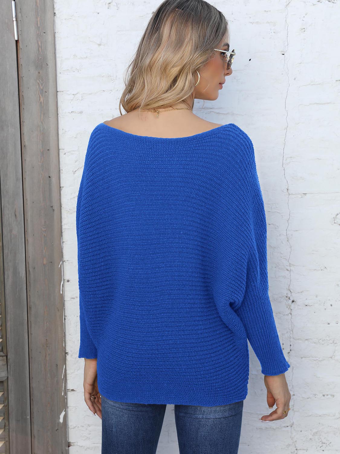 Full Size Horizontal Ribbing Dolman Sleeve Sweater Trendsi