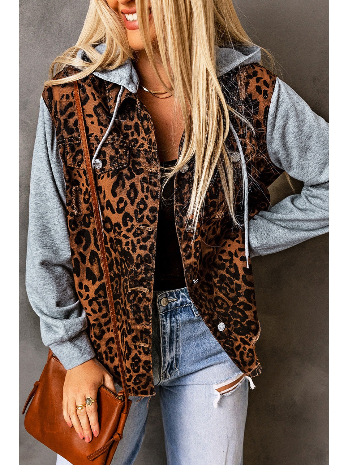 NicholesGifts Women Leopard Distressed Drawstring Hooded Denim Jacket NicholesGifts