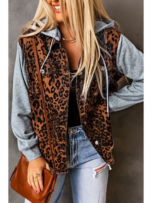 NicholesGifts Women Leopard Distressed Drawstring Hooded Denim Jacket NicholesGifts