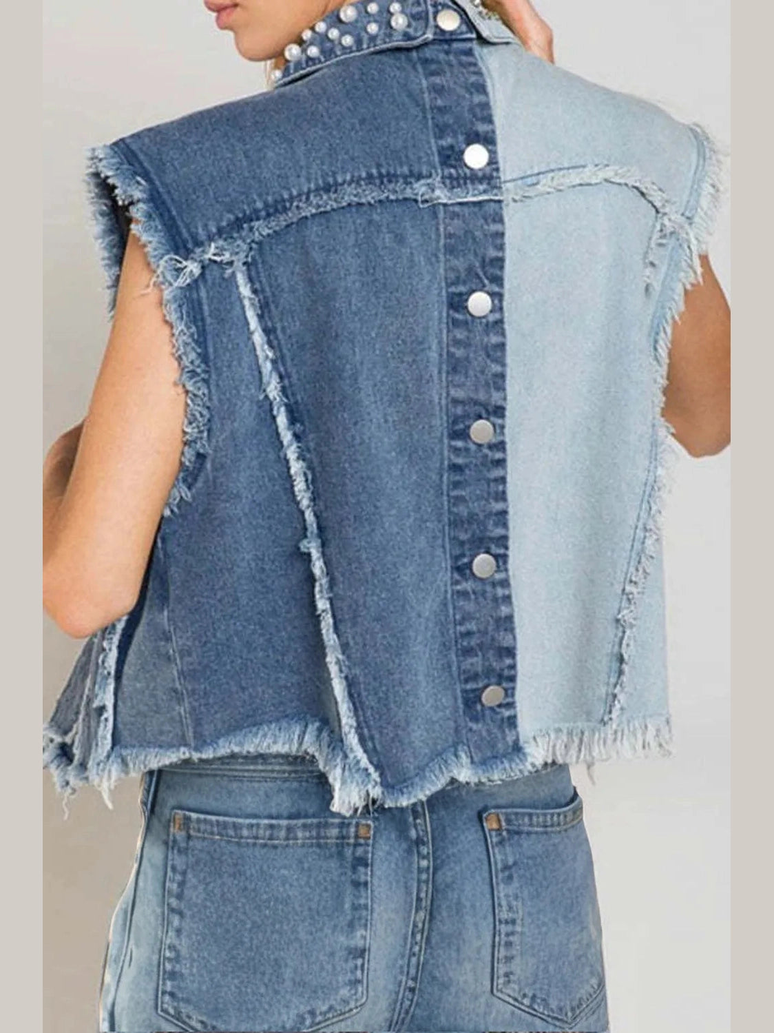 Pearl Raw Hem Sleeveless Denim Jacket nicholesgifts