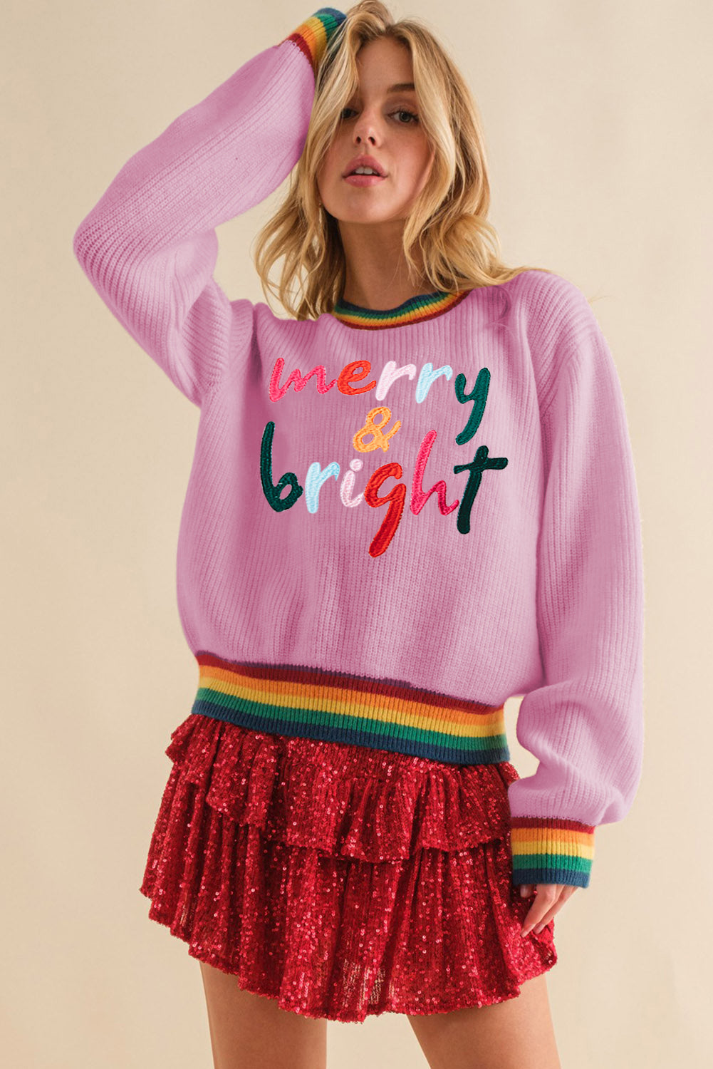 NicholesGifts Women Merry & Bright Ribbed Round Neck Christmas Sweater NicholesGifts