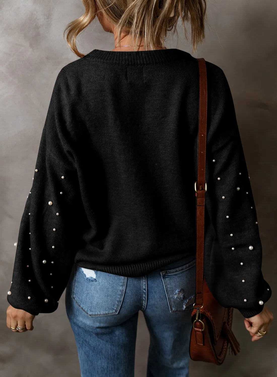 Women Pearl Detail Round Neck Long Sleeve Sweater