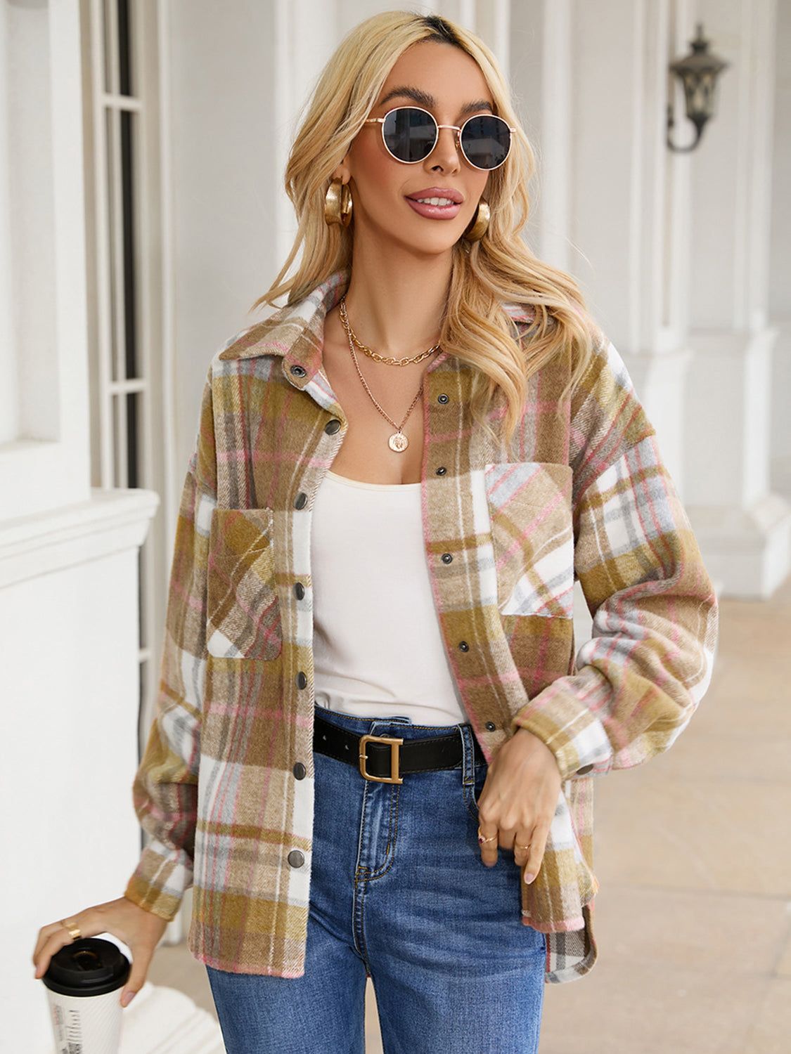 Snap Up Plaid Collared Neck Jacket with Pocket NicholesGifts