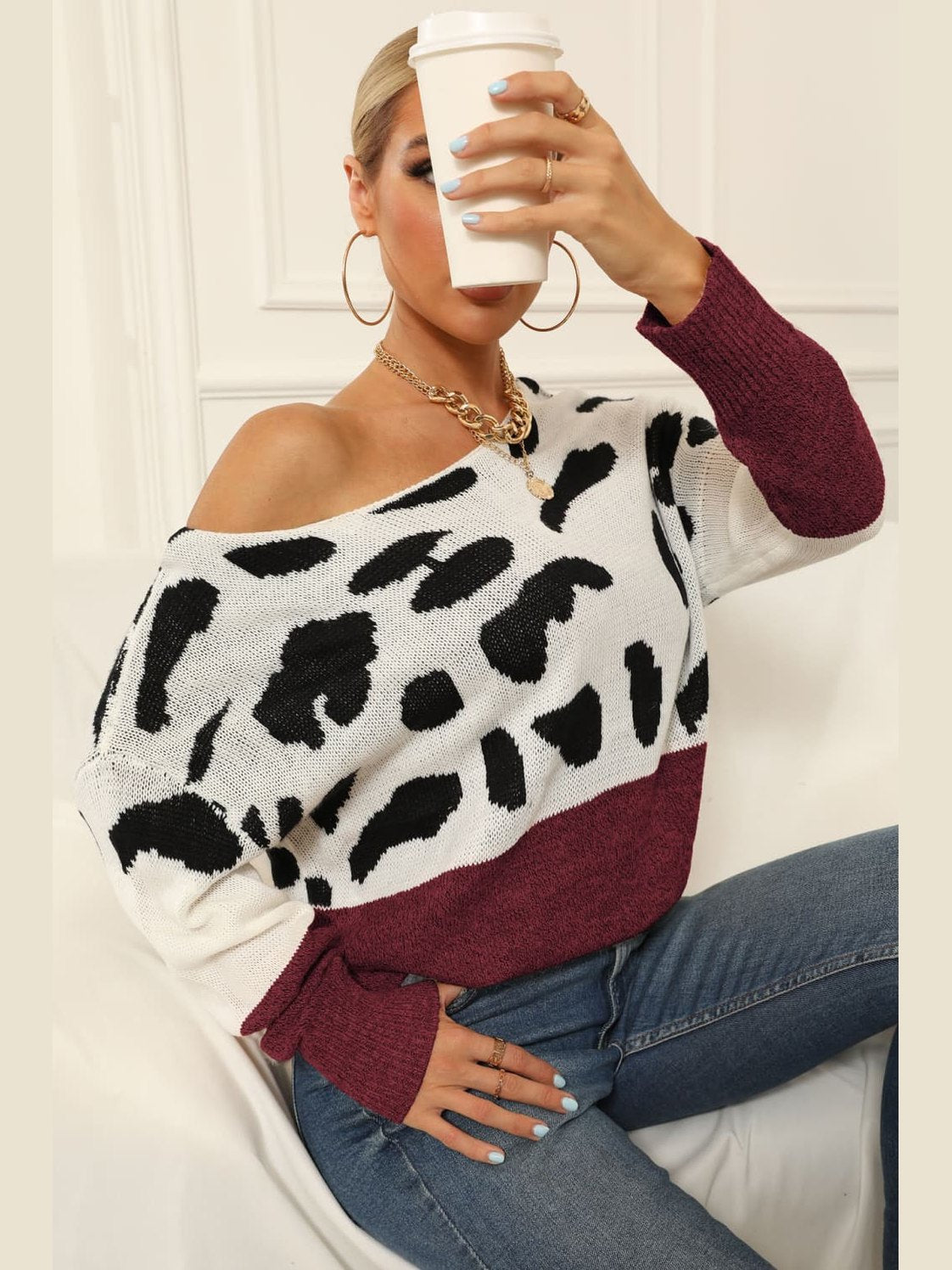 Full Size Two-Tone Boat Neck Sweater Trendsi