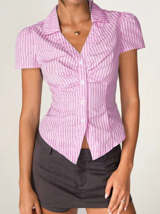 Striped Collared Neck Short Sleeve Shirt Trendsi