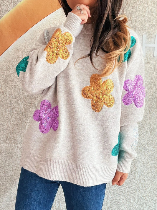 Sequin Flower Round Neck Long Sleeve Sweater nicholesgifts