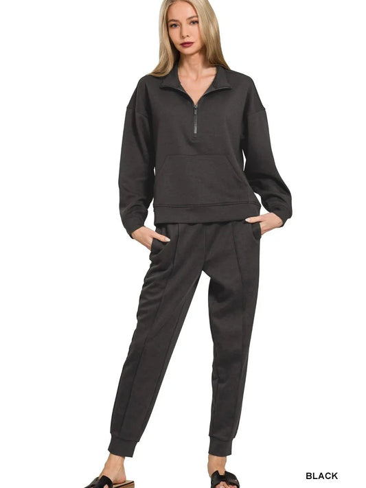 Zenana Scuba Half Zip Sweatshirt and Joggers Set Trendsi